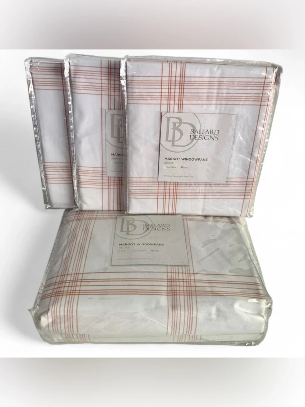 SET Ballard Designs Coral Windowpane Plaid King Duvet & 3 Euro Shams NIP